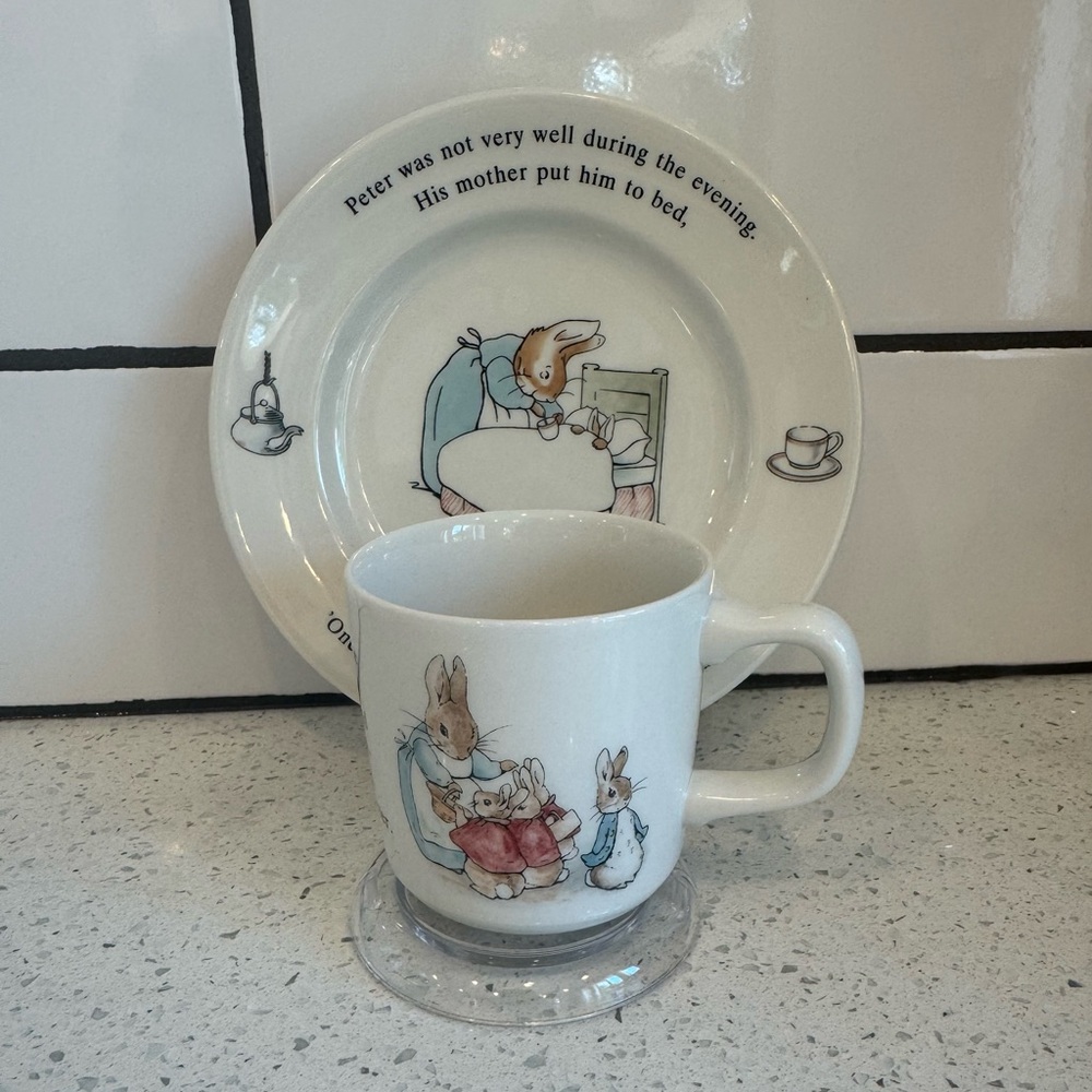 Wedgwood Peter Rabbit Mug & Plate Set Blue White EUC